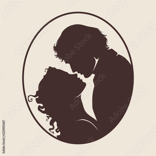 Romantic Couple Silhouette in Vintage Cameo Style Vector Illustration