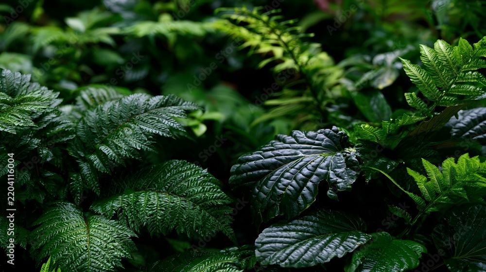 Fototapeta premium A dense collection of vibrant green ferns and broad leaves in a shadowed forest undergrowth with rich textures and natural depth