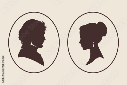 Romantic Couple Silhouette in Vintage Cameo Style Vector Illustration