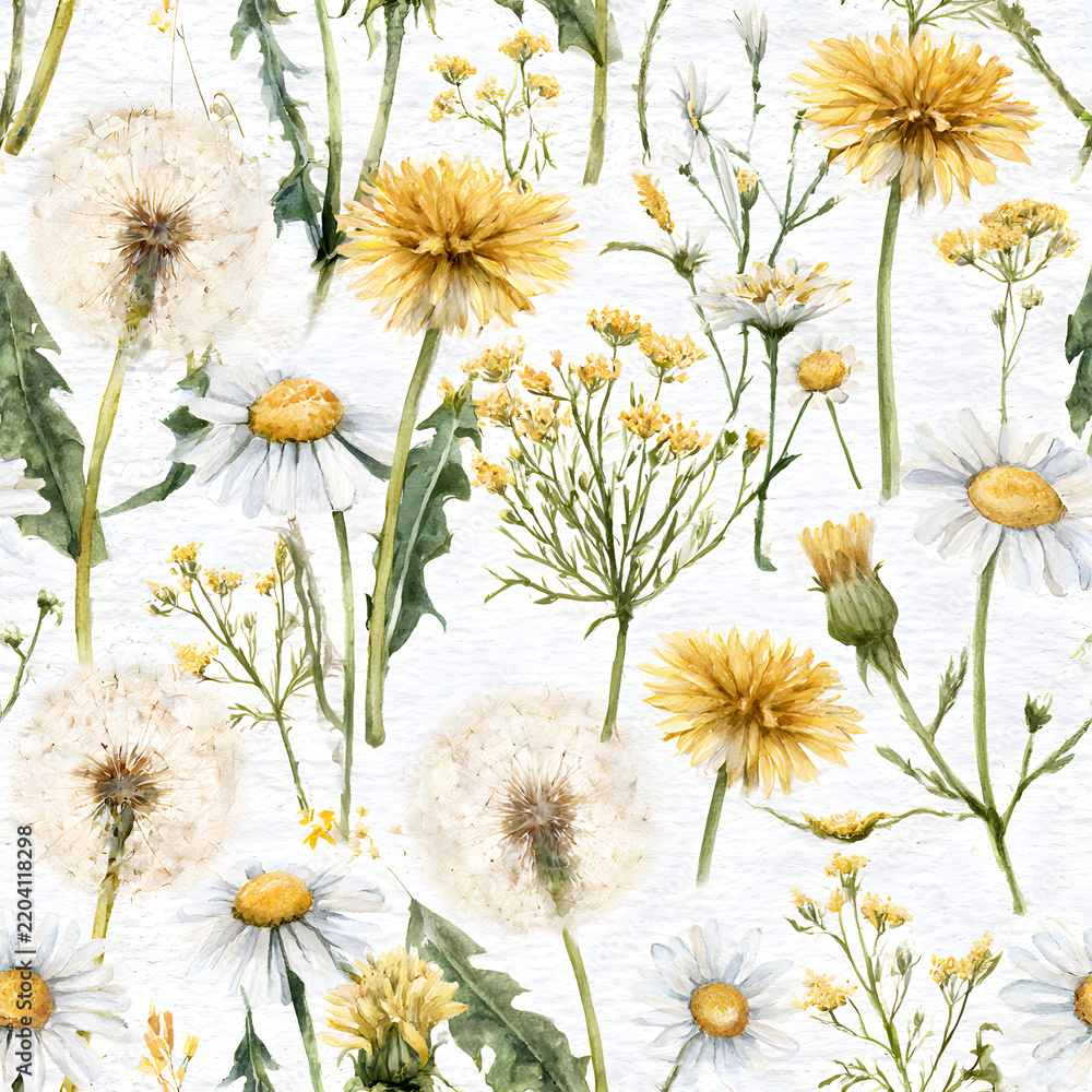 Fototapeta premium A watercolor seamless pattern featuring dandelions, daisies, wild plants, and wildflowers. It offers a delicate floral design on a paper texture suitable for wallpapers, fabrics, home textiles, or bac