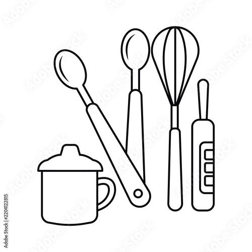 Cooking line icon set including Pot, Spoon, Tongs, Whisk, Grater, Kitchen tools, Culinary equipment vector illustration.