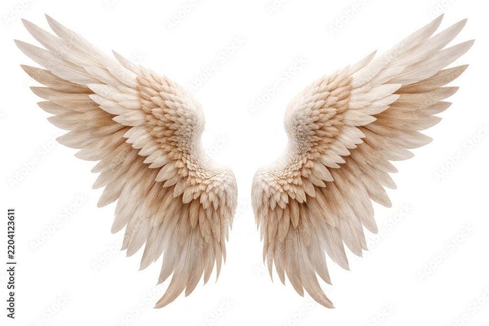 Fototapeta premium Elegant pair of white and beige angel wings on a white background.