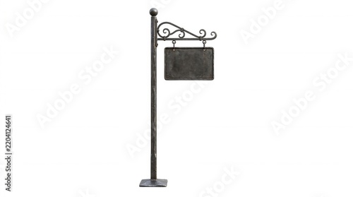 Vintage wrought iron hanging signpost with blank sign isolated on white background rustic metal advertising display