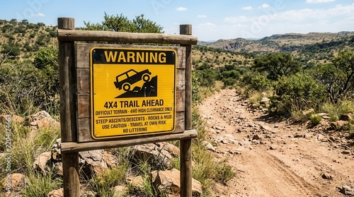 Warning sign for 4x4 trail ahead in rugged arid landscape with dry brush and mountains