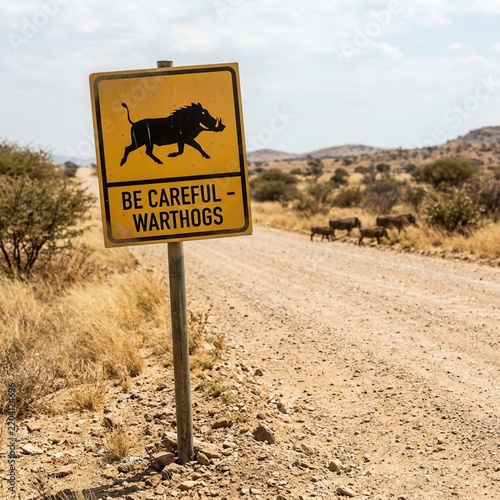 Warthog Warning Sign on a Dusty African Road with Wild Pigs in Background