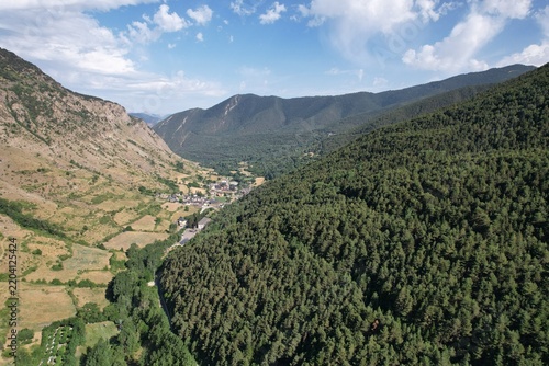 Bird's-eye view of  the lush Escrita River valley and Espot town in the Spanish Pyrenees. Lleida, Catalonia.