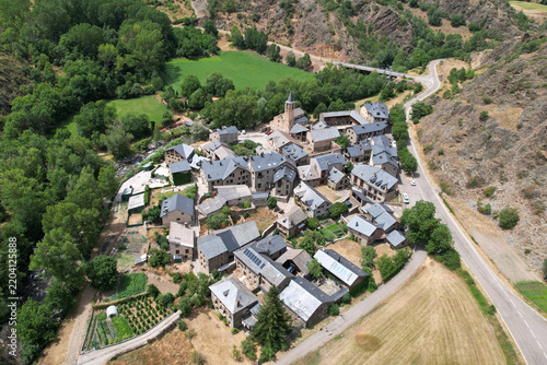 Aerial view of traditional catalan mountain village Borén on sunny summer day. Lleida, Catalonia, Spain.