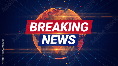 News anchorwoman delivering breaking news in a television studio with digital globe background