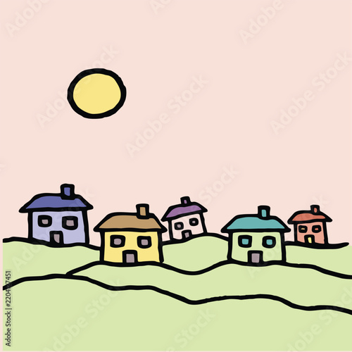 native flat art style  illustration of a cozy village