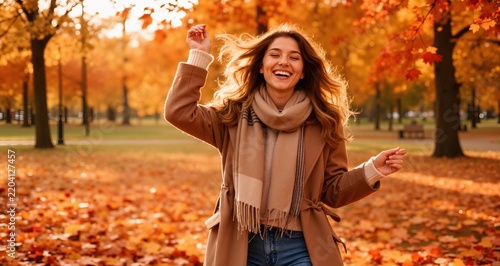 Portrait of casual joyful woman enjoy, having fun at the autumn season at park. Fall season fashion. 
