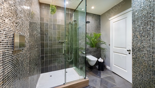 modern walk in shower glass tile bathroom interior