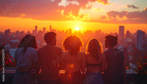 Diverse friends viewed from behind laughing together on rooftop terrace at hazy sunset generative AI