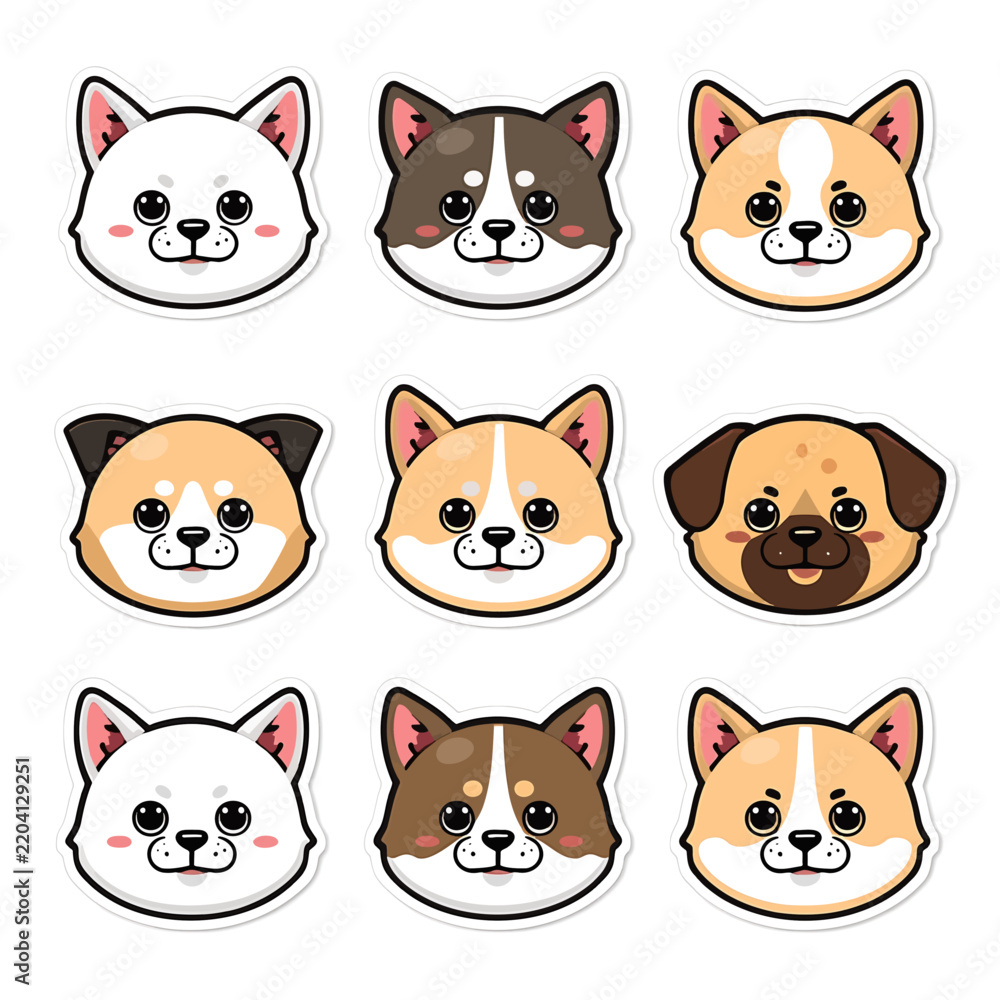 Fototapeta premium Nine kawaii-style cartoon dog faces in flat vector design with neutral expressions for branding and merchandise