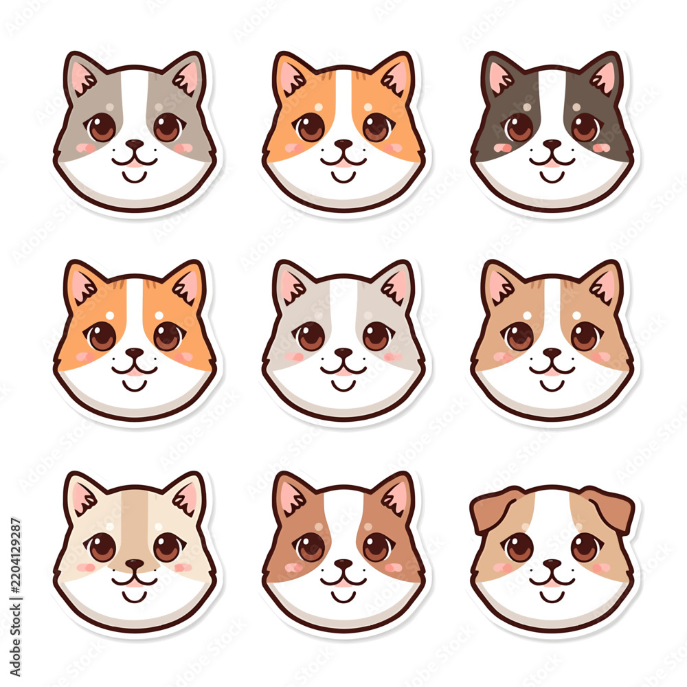 Fototapeta premium Set of nine kawaii cartoon cat faces with soft pastel fur patterns and expressive eyes for branding or digital design