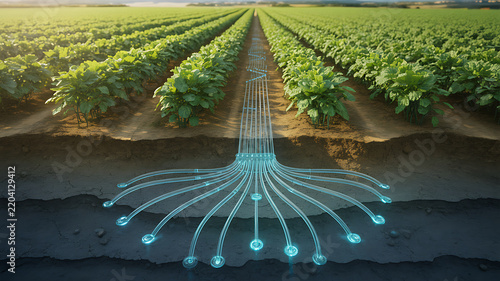 Agricultural field with green crops and a digital visualization of underground irrigation pipes glowing with blue light, showing smart farming technology and water distribution systems in soil layers