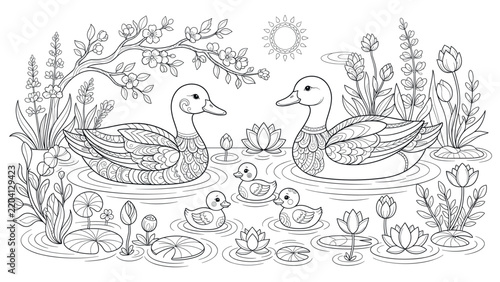 Konstfotografi Family of ducks swimming in pond with lotus flowers and plants.