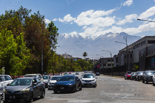Urban view of Arequipa with snow-capped volcano in the background, Peru