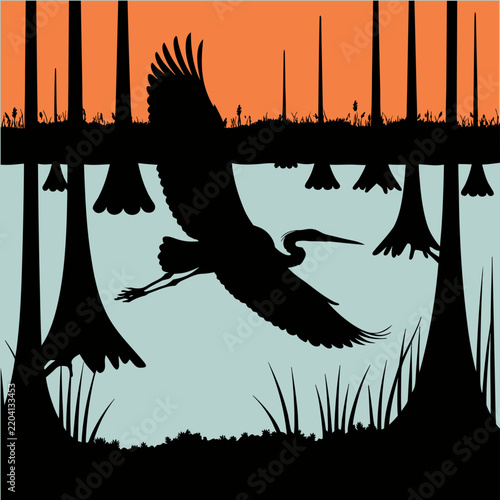 Heron Flight Cypress Swamp Horizon Silhouette