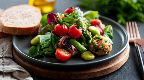 A fresh salad with cherry tomatoes  asparagus  and a herb ball served with whole grain bread on a dark plate