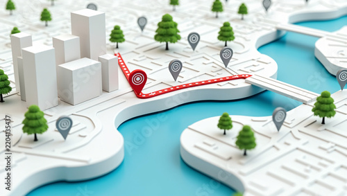 3D white miniature city model with blue river, green trees. Red dotted route and map pins show GPS navigation and location tracking concept.