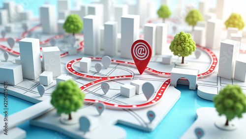 3D minimalist white city model with winding red route paths. Large red location pin, small markers, green trees and blue water, GPS navigation concept.