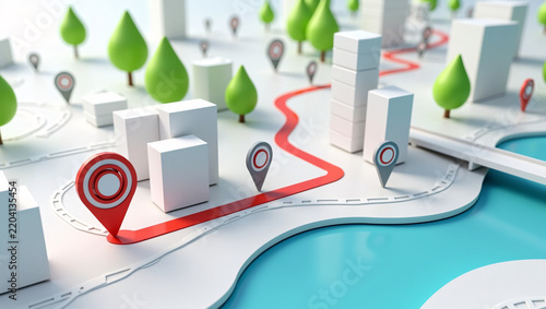 3D white miniature city model with bright red route and location pins. Green stylized trees, blue water, GPS map navigation concept.