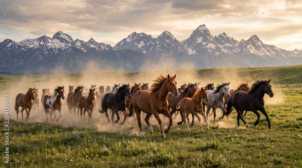 Obraz premium Herd of wild horses galloping across a grassy meadow at sunset with snow-capped mountains in the background