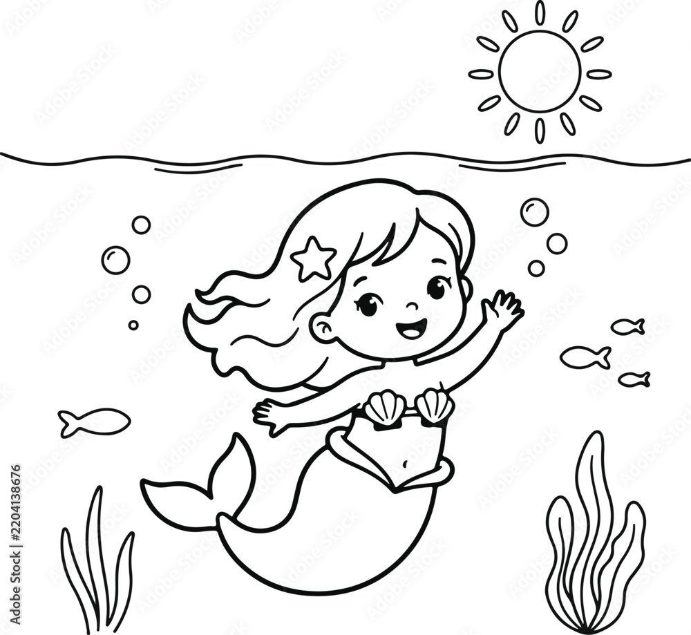 Obraz premium Cute cartoon mermaid swimming underwater coloring page with sun and fish