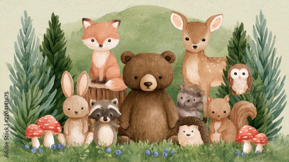 Obraz premium watercolor woodland animals set gathered in forest with bear fox rabbit deer raccoon hedgehog squirrel owl and red mushrooms cute nursery art digital illustration background wallpaper poster print