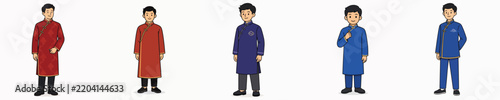 set of vector young men in standing poses wearing typical Chinese cheongsam