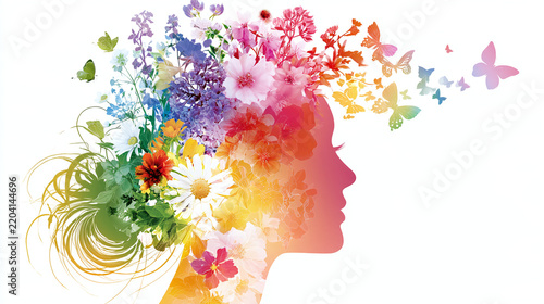 Creative floral silhouette design with colorful flowers and butterflies