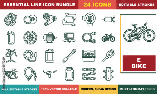 Electric Bicycle and E-Bike Components Editable Stroke Vector Icon Sheet