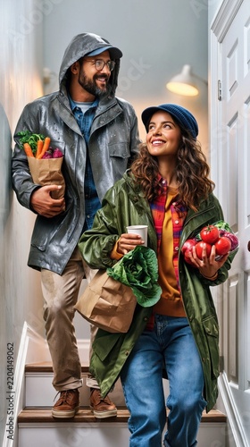 Couple returns home with fresh produce from the market