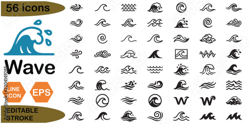 Wave Icon Set Black Vector