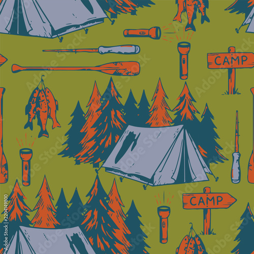 Seamless camping pattern with illustrated tents, pine trees, flashlights, paddles, fish, and camp signs in muted teal, orange, and olive tones for fabric, wallpaper, wrapping.