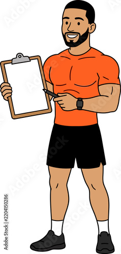 Personal trainer holding clipboard and pen, fitness planning and assessment