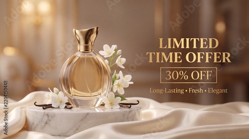 Luxury perfume bottle advertisement banner. Golden fragrance product photo with white jasmine flowers