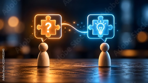 Conceptual business consulting showing question mark puzzle piece transforming into lightbulb solution between wooden figures