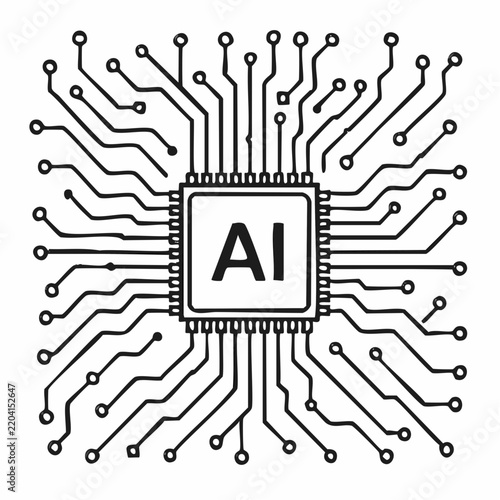 AI Microchip with Digital Circuit Connections – Artificial Intelligence Technology Vector Illustration