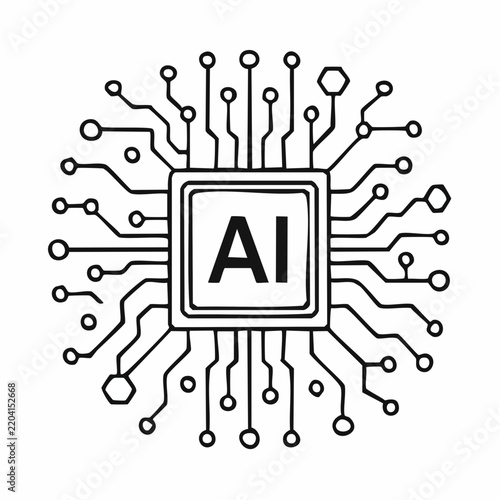 AI Microchip with Digital Circuit Connections – Artificial Intelligence Technology Vector Illustration