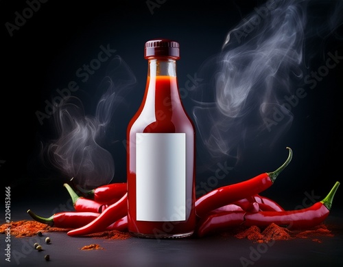 a bottle of spicy hot sauce with a blank mockup label surrounded by red chili peppers and smoke symbolizing heat and flavor