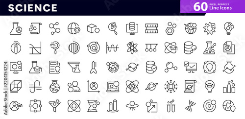 Science line icon set. Laboratory research, chemistry flask, and biology experiment symbols. Physics atom and biotech vector collection.