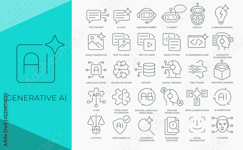 Generative AI icon pack. Artificial Intelligence icon set. Image Generation, Text to Image, Video, Audio. Thin line outline graphic icons for web, app or presentations. Editable vector stroke.