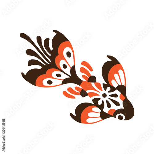 Decorative fish vector illustration with traditional ethnic ornament pattern. brown and orange on white background