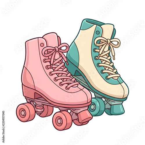 Roller skates, sports and leisure for outdoor activity, fitness and hobby with wheels. Pink and blue footwear, skating equipment and lifestyle in summer for exercise, health, 80s style and disco