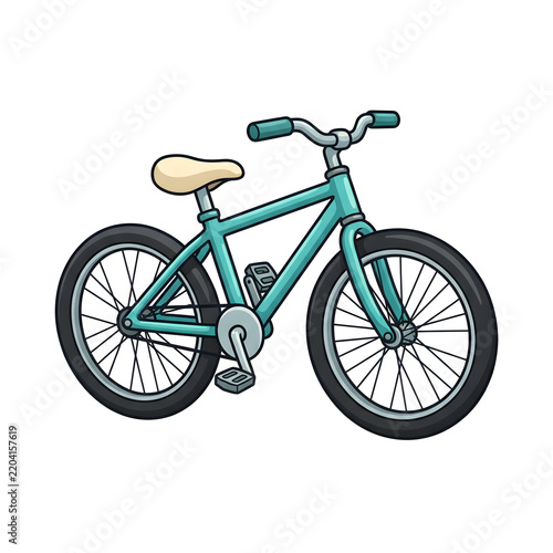 Bicycle, teal bike and isolated on white background for transport, cycling and healthy lifestyle. Mountain bike, wheels and exercise with mobility, urban commute and fitness for outdoor fun