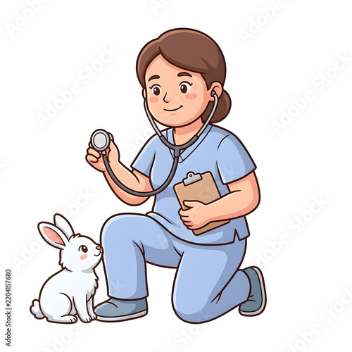Veterinarian, pet care and rabbit with woman in medical scrubs for health checkup, clinic and animal hospital. Professional, stethoscope and clipboard with wellness, check and examining little bunny
