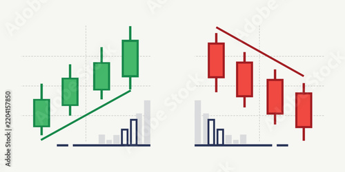 Bullish Bearish Trading Chart, Candlestick Patterns With Volume Bars And Rising Or Falling Market Trends