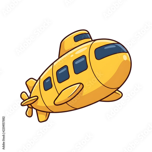 Yellow submarine, underwater and exploration vehicle on white background for travel, ocean discovery and naval transport. Sea, boat and marine craft for children, maritime voyage and subsea adventure
