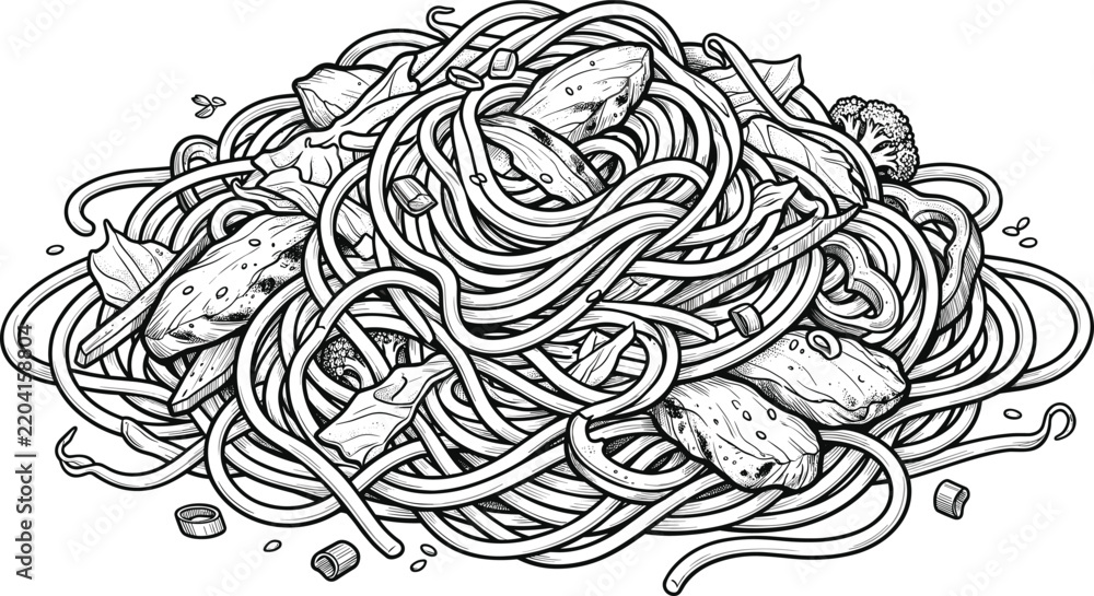 Obraz premium Detailed vintage engraved illustration of a delicious spaghetti pasta dish with noodles, meatballs, herbs, and traditional Italian cuisine style